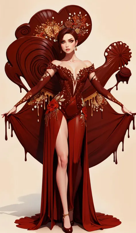 best quality, highly detailed, ertestyle, edgChoco, woman wearing a dress made of chocolate ,wearing edgChoco <lora:edgChocolatv1:1> <lora:Degen-Syanna:0.48> syanna, short hair, <lora:Ertestyle:0.8> <lora:breastsizeslideroffset:-.1>, full body,