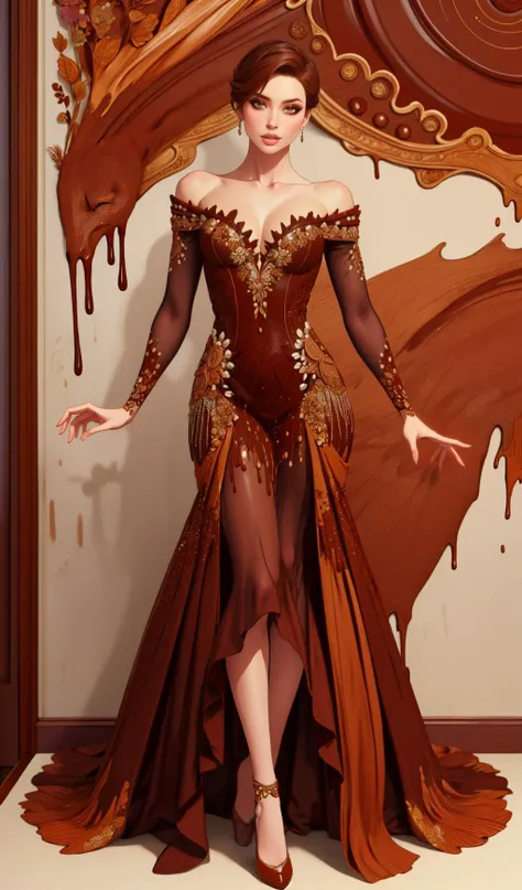 best quality, highly detailed, ertestyle, erotic:1.6, edgChoco, woman wearing a dress made of chocolate ,wearing edgChoco <lora:edgChocolatv1:1> <lora:Degen-Syanna:0.48> syanna, short hair, <lora:Ertestyle:0.8> <lora:breastsizeslideroffset:-.1>, full body,