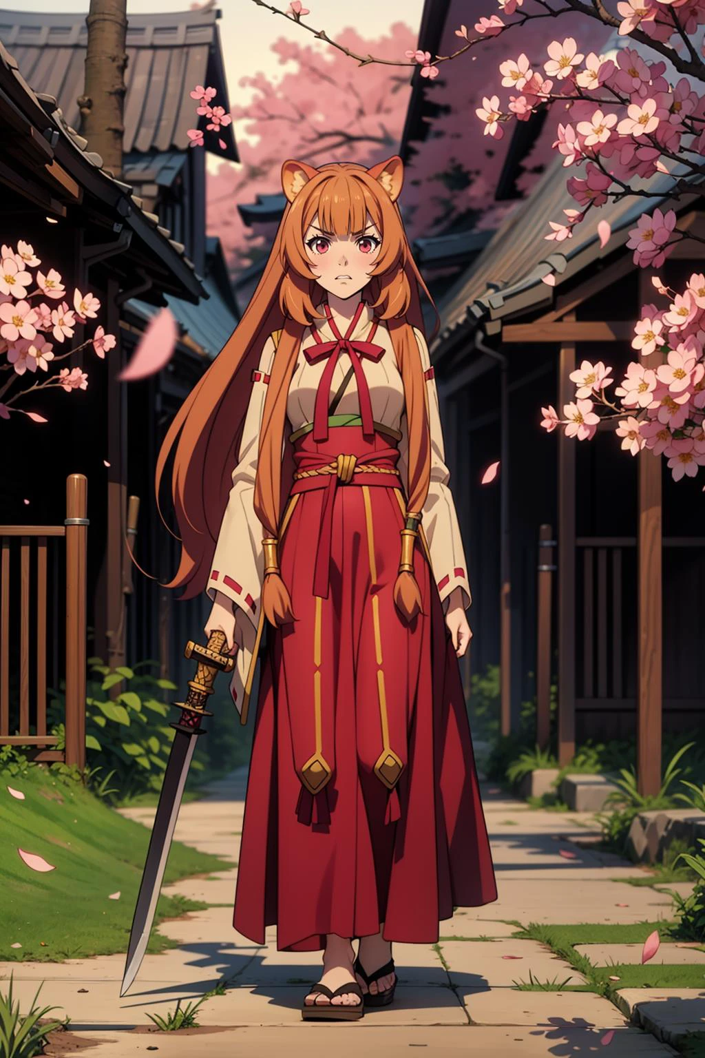 1girl, solo, full body, miko, shinto,(bright white) haori, action pose, long red hakama skirt, long obi:1.2, white tabi, sandals, <lora:Char_trsh-Raphtalia:0.75> pikkyraphtalia, 1girl, solo, looking at viewer, brown hair, long hair, very long hair, bangs, blunt bangs, pink eyes, breasts, medium breasts, raccoon girl, animal ears, raccoon ears, raccoon tail, tail, traditional design, angry, serene garden setting, cherry blossoms, sunset hues, vibrant, detailed, 8k resolution, holding katana, sheath,
