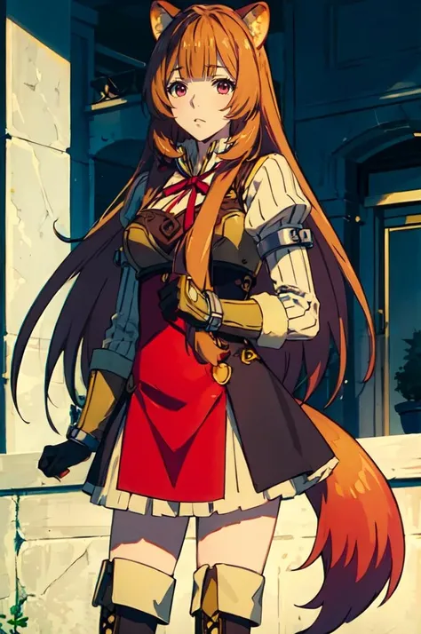 ultra detailed, masterpiece, best quality, solo, cowboy shot,
 <lora:pikkyraphtalia:0.8>  pikkyraphtalia, 1girl, solo, looking at viewer, brown hair, long hair, very long hair, bangs, blunt bangs, pink eyes, breasts, medium breasts, raccoon girl, animal ears, raccoon ears, raccoon tail, tail, thigh boots, boots, gloves, thighhighs, ribbon,