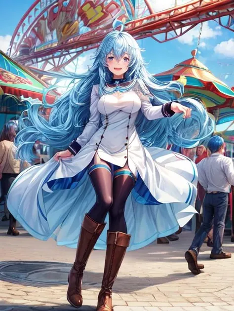 best quality, masterpiece, highres, detailed, perfect anatomy, <lora:Detail - add_detail:0.2>, VivyFEye, blue hair, white dress, uniform, happy, smile,  blue hair, long hair, 1girl,  <lora:VivyFEye-09:0.7>, dynamic colors, mature female, brown boots, amusement park, ahoge,