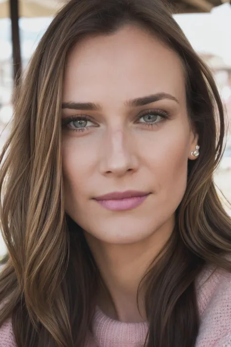 dkr piercing eyes, looking straight, very happy,long hair, wearing an pink sweater, closeup portrait, in a outdoor cafe in 2015, afternoon light,<lyco:DianeKruger-RealVision-V1.0:1.0>