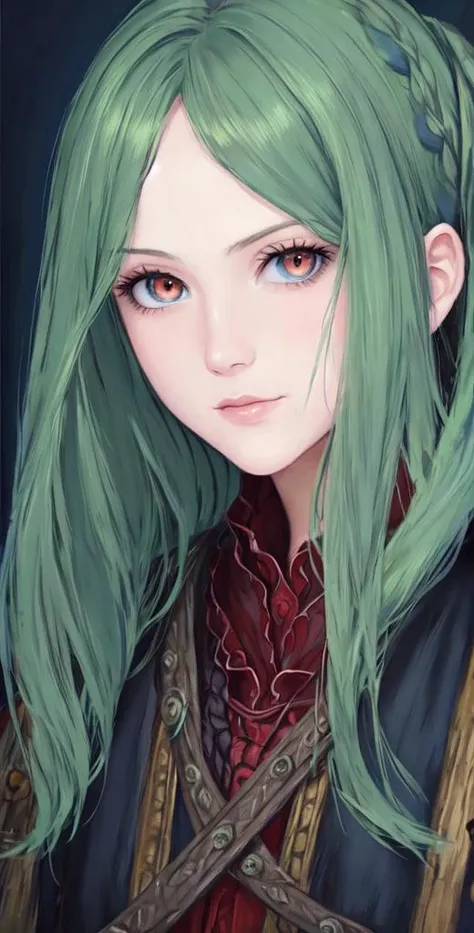 medieval painting, oil painting, perfect man, realistic warrior, green hair, red eyes, face portrait, identical round eyes, styled like bloodborne bye fromsoftware, dark blue background,