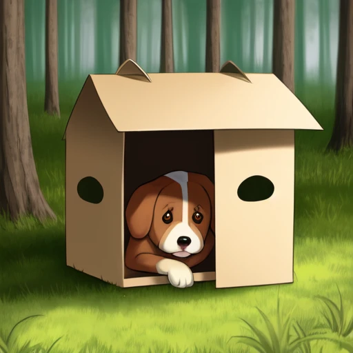 a dog in a box in a forest,