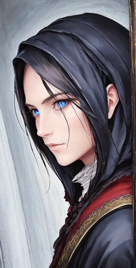 medieval painting, oil painting, perfect man, realistic warrior, black hair, blue eyes, face portrait, round eyes, styled like bloodborne bye fromsoftware, dark red background,