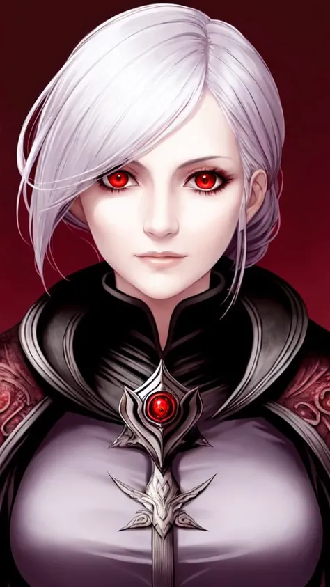 modern artwork, beautiful middle aged woman, realistic warrior, white hair, red eyes, face portrait, round eyes, styled like bloodborne bye fromsoftware, dark red background,