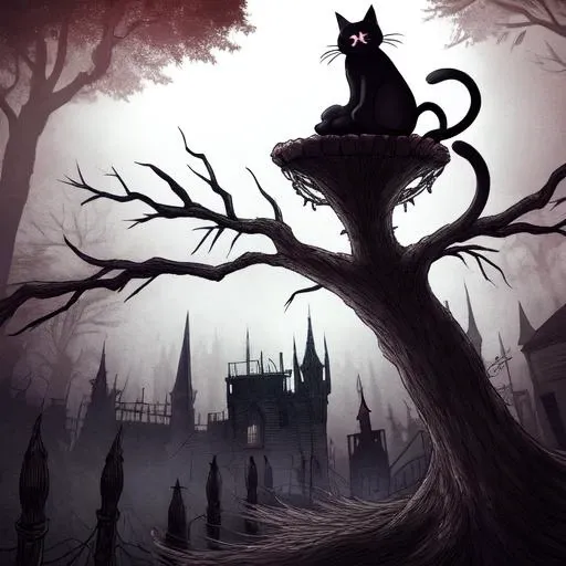a cat stuck in a tree, in a bloodborne town,