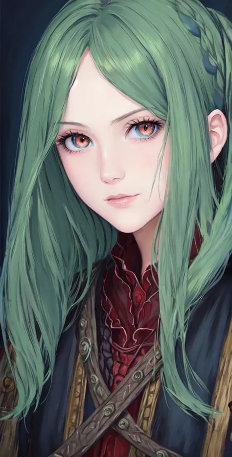 medieval painting, oil painting, perfect man, realistic warrior, green hair, red eyes, face portrait, identical round eyes, styled like bloodborne bye fromsoftware, dark blue background,