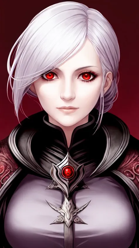 modern artwork, beautiful middle aged woman, realistic warrior, white hair, red eyes, face portrait, round eyes, styled like bloodborne bye fromsoftware, dark red background,