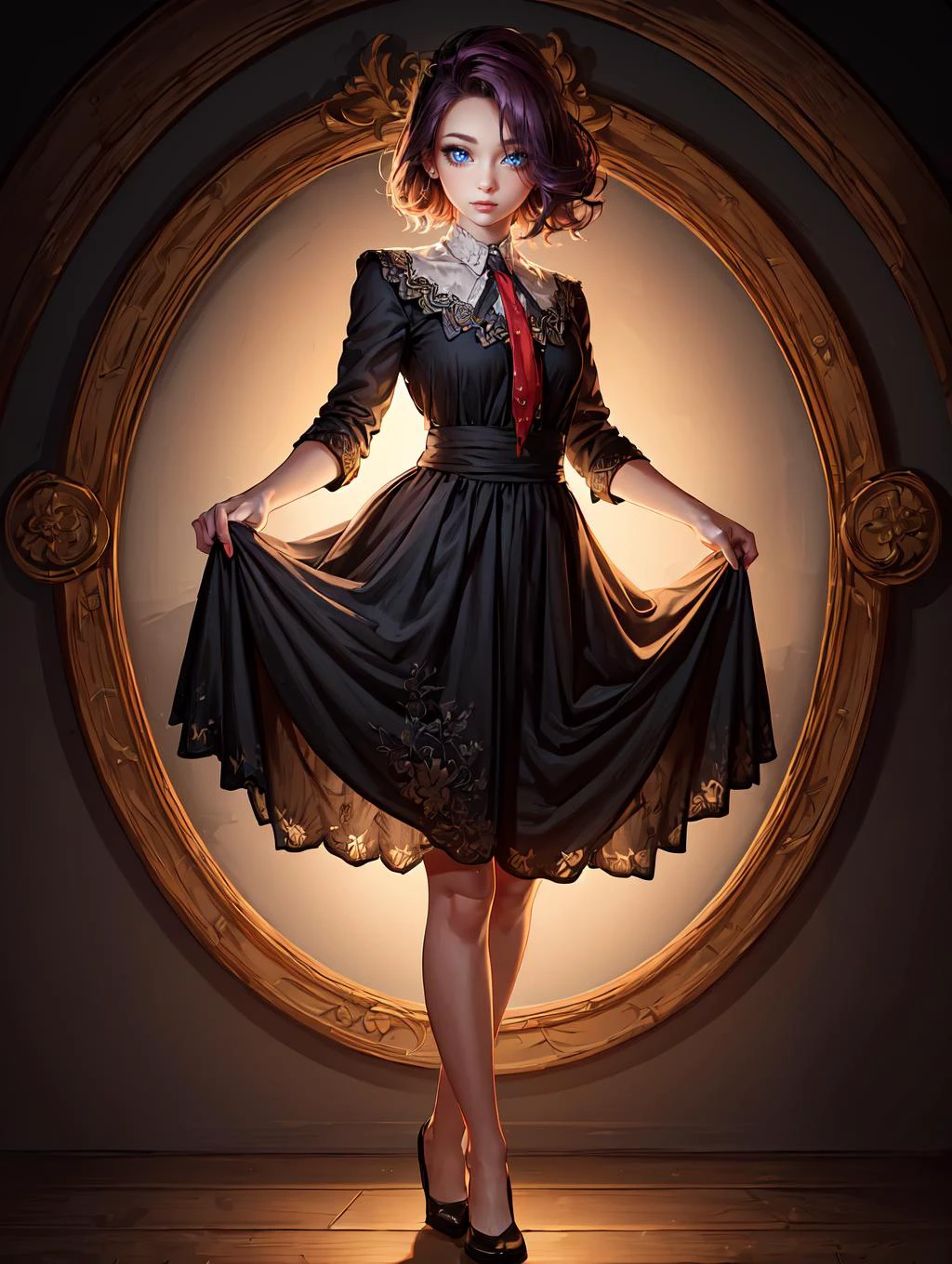 an 30yo woman, detailed face, looking at viewer, (full body shot:1.4), hdr, 8k, detailed eyes, <lora:curtsey-gesture-v1:0.8> curtsey, standing <lora:more_details:0.5>, <lora:Loraeyes_V1:0.4> loraeyes, <lora:Bright_Eyes:0.4> AGGA_ST002, bright pupils, <lora:ThickerLines_RM-128_v1:0.6> <lora:LaceAI:0.4> LaceAI