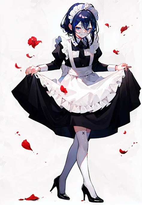 ((masterpiece,best quality)), highres, 1girl, maid, maid headdress, maid apron, white thighhighs, high heels, curtsey, standing, smile, closed mouth, petals, simple background,