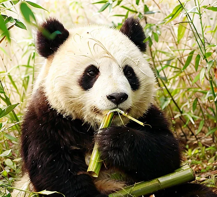 RAW, analog, masterpiece, leica_style, panda_tm, 1panda, <lora:pandaTm_v10:0.8>, ,A panda eating bamboo in bamboo forest