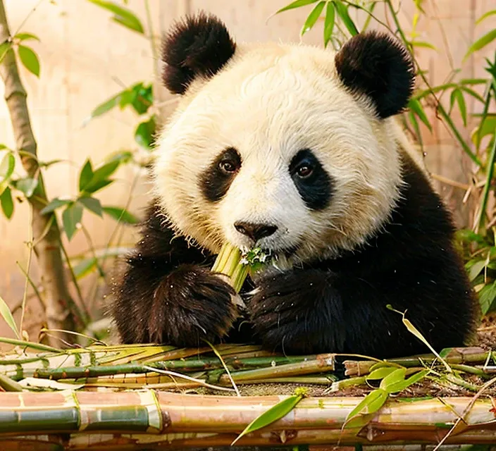 RAW, analog, masterpiece, leica_style, panda_tm, 1panda, <lora:pandaTm_v10:0.8>, ,A panda eating bamboo in bamboo forest