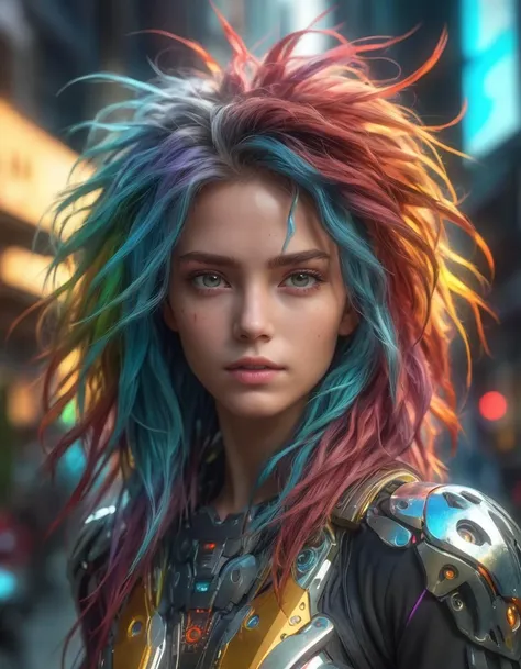 (masterpiece:1.1), (highest quality:1.1), (HDR:1.0), girl with really wild hair, mane, multicolored hairlighting, (from front:0.6)
, detailed, realistic, 8k uhd, high quality