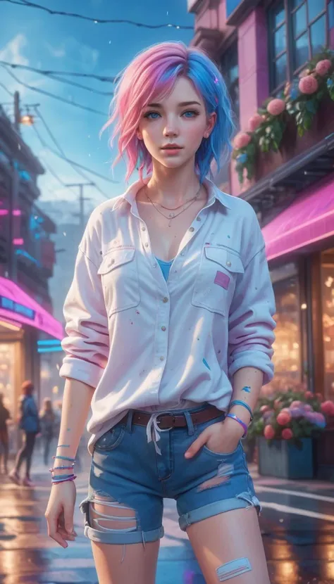 ((best quality)), ((masterpiece)), ((realistic)), (detailed), cinematic lightning, highly detailed skin,
girl, freckles, (blue eyes), long eyelashes, (shirt, ripped jeans), sneakers, (small breasts), standing, dynamic pose, looking at viewer, ((multicolored, pink hair, blue hair)), hair down, armband,choker,bracelet, double helix piercings, pokies, seductive,
town, restaurant, pedestrians, snow, cyberpunk art, stunning gradient colors, detailed background, colorful flowers, vines, vegetation,
, ((masterpiece)), absurdres, HDR,