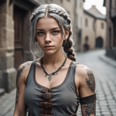 highly detailed analog photo of thug,
1girl, solo, solo focus, (tank top), grey hair, facial tattoo, arm tattoo, muscular, upper body, single braid, long hair, blurry, blurry background, depth of field, realistic:1.3, (medieval street:1.2), ((cute face)), ((dirty)), leather, buckles, straps,
masterpiece, best quality:1.1,
depth of field:1.1,
(analog photography:1.2),