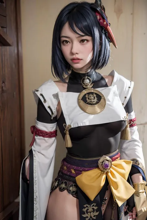 masterpiece, best quality, <lora:KujouSara:1>,1girl,kujou sara, mask on head,blue hair,short hair,yellow eyes,detached sleeves,wide sleeves, japanese clothes,bodysuit, gloves, sash,obi,tassel,vision \(genshin impact\),kbxll
