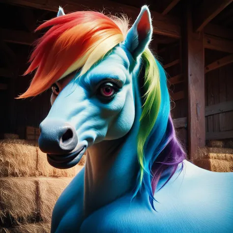 score_9, score_8_up, score_7_up, score_6_up, score_5_up, score_4_up, rating_safe,source_photorealistic,photo,photorealistic,no humans,animal focus,1horse,rainbow dash,cropped,portrait,barn, score_9, score_8_up, score_7_up, score_6_up, score_5_up, score_4_up, rating_safe,