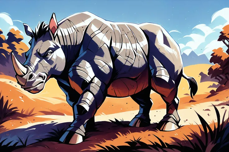 score_9, score_8_up, score_7_up, score_6_up, score_5_up, score_4_up, rating_safe,source_furry,source_western,traditional media,no humans,feral,animal focus, a rhinoceros grazing on a savannah, score_9, score_8_up, score_7_up, score_6_up, score_5_up, score_4_up, rating_safe,