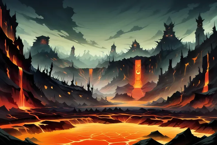 score_9, score_8_up, score_7_up, score_6_up, score_5_up, score_4_up, rating_safe,source western,epic,apocalyptic,sense of dread, a fiery hellish realm of volcanoes and lava floes with a sky of ash and fog,lava,volcanoes, no humans