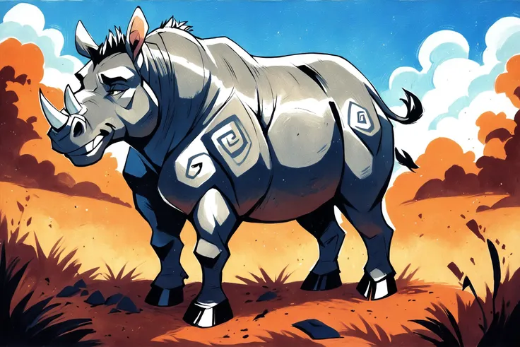 score_9, score_8_up, score_7_up, score_6_up, score_5_up, score_4_up, rating_safe,source_furry,source_western,traditional media,no humans,feral,animal focus, a rhinoceros grazing on a savannah
