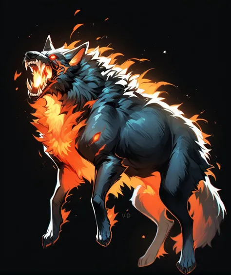 score_9, score_8_up, score_7_up, score_6_up, score_5_up, score_4_up, rating_safe,source_anime,NCRender,a black-furred barghest with glowing red eyes covered in belts with its mouth open,1barghest,no humans,creature,solo,full body,simple background, black background,, score_9, score_8_up, score_7_up, score_6_up, score_5_up, score_4_up, rating_safe,