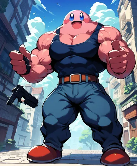 score_9, score_8_up, score_7_up, score_6_up, score_5_up, score_4_up, rating_safe,source_anime,intricate linework,1990s \(style\),  1kirby,kirby with big muscular arms pointing a gun at the viewer,full body,outdoors,from below,shaded face,smile