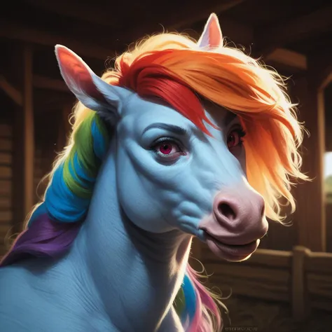 score_9, score_8_up, score_7_up, score_6_up, score_5_up, score_4_up, rating_safe,source_photorealistic,realistic,no humans,animal focus,1horse,rainbow dash,cropped,portrait,barn, score_9, score_8_up, score_7_up, score_6_up, score_5_up, score_4_up, rating_safe,