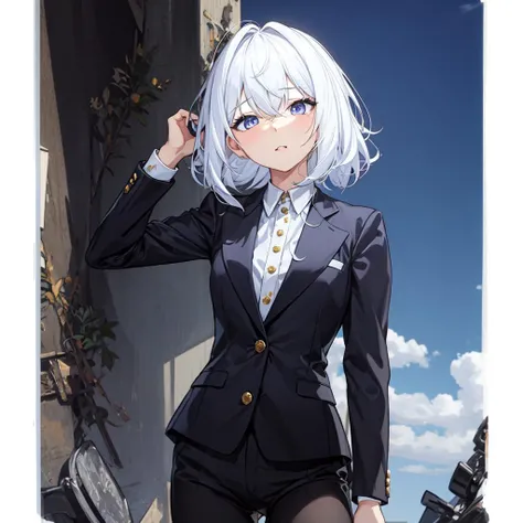 best quality, masterpiece,1girl, white hair,suit jacket, cave,blue moon,hair flip,