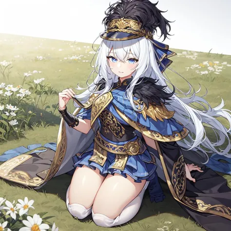 best quality, masterpiece,1girl, white hair, meadow,day,cape,hat, seiza,