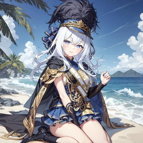 best quality, masterpiece,1girl, arms up, white hair, cliff,day,cape,hat,