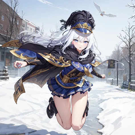 best quality, masterpiece,1girl, wendini, white hair, oasis,in winter,hat, cape, running,