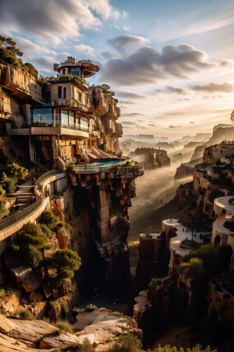 <lora:jianzhu:0.9>,extreme detail,buidling,no humans,scenery,outdoors,(canyon:1.2),narrow gorge,cliff,a villa perched on a cliff,high cliff,modern architecture,the setting sun,the glow of the setting sun,burning clouds in the sky,super wide angle lens,photorealistic,film noise,<lora:XSArchi_127:0.2>,<lora:aki:0.4>,<lora:LAS:0.3>,bird 's-eye view,