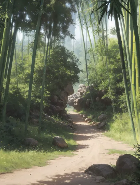 (masterpiece, best quality, high quality, highres, ultra-detailed), concert, <lora:Concept_scenery_background:0.6>, bamboo, bamboo forest, stone road,