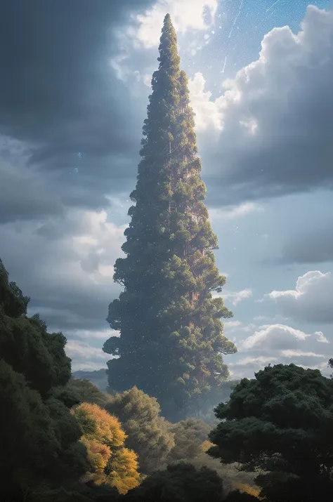 (8k, RAW photo, best quality, masterpiece:1.2),(realistic, photo-realistic:1.37),octane render,ultra high res,ultra-detailed,professional lighting,photon mapping,radiosity,physically-based rendering,ue5,((an old golden tree stands tall)),((the clouds curled up in the air)),((the trees were covered with golden leaves)),((dense stacking)),((sway gently)),((like a sky full of stars falling)),((no humans)),