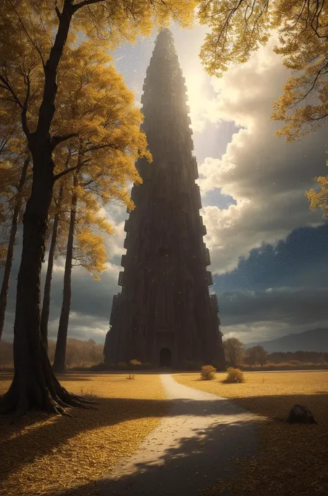(8k, RAW photo, best quality, masterpiece:1.2),(realistic, photo-realistic:1.37),octane render,ultra high res,ultra-detailed,professional lighting,photon mapping,radiosity,physically-based rendering,ue5,((an old golden tree stands tall)),((the clouds curled up in the air)),((the trees were covered with golden leaves)),((dense stacking)),((sway gently)),((like a sky full of stars falling)),((no humans)),