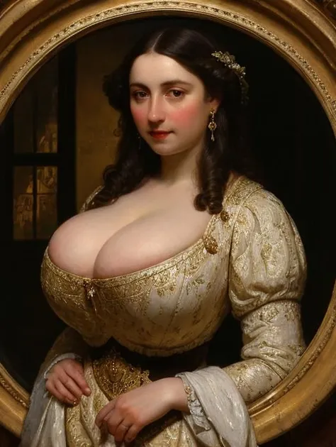 a portrait of a beautiful noblewoman with dark hair and huge breasts in an opulent chamber, chiaroscuro, window, landscape in background, detailed, 8k, sharp focus, masterpiece oil painting, painted by joseph wright of derby, by Ilya Repin <lora:Cleavage:0.45>