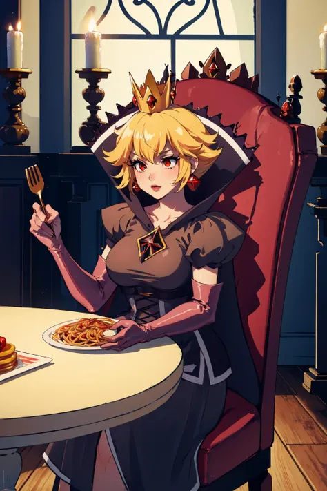 masterpiece, best quality, squeenp, sitting, gothic architecture, dark, table, medieval, spaghetti, holding fork <lora:Shadow_Queen-10:0.9>