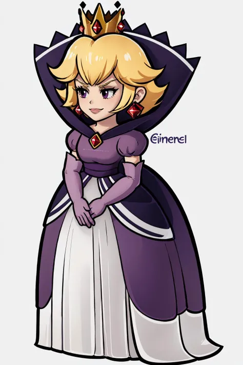 masterpiece, best quality, squeenp, purple dress, standing, furrowed brow, smirk, chibi, full body, standing, white background, simple background <lora:Shadow_Queen-10:0.9> <lora:PaperMario-01:1>