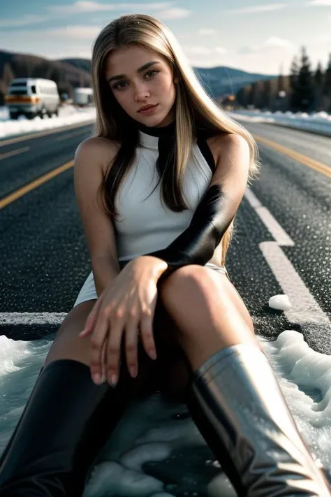 D1vaLove,blonde,(yoga pants,icy road:1.2),reclining,style by Dan Winters,RAW photography,film grain,photo taken with a Bolex H16,RAW,color graded portra 400 film,remarkable color,realistic dull skin noise,analog style,highest quality,skin pores,sharp focus,dappled lighting,film grain,photographed on a Sony A7R IV,18mm F/1.7 cine lens