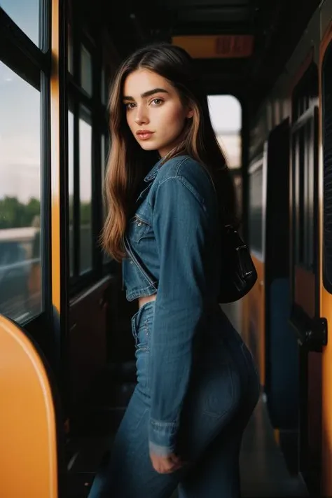 Ell4JoTI,(jeans,school bus:1.2),standing,style by Dan Winters,RAW photography,film grain,photo taken with a Bolex H16,RAW,color graded portra 400 film,remarkable color,realistic dull skin noise,analog style,highest quality,skin pores,sharp focus,dappled lighting,film grain,photographed on a Sony A7R IV,18mm F/1.7 cine lens