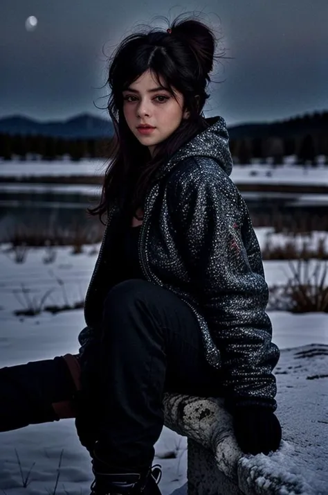 tv_Chloe_Lockley_aka_Chloelock_GM_V1, , sad expression, wearing a winter coat, wearing winter pants, wearing winter boots, sitting on a rock by a frozen mountain lake, midnight, moonlight, shot from the side,, (((relaxed))), "epic-Ultra-HD-details", "epic-Ultra-HD-highlights", detailed skin, pores, PA7_Human-Likeness <lora:PA7_Beautify2:0,2>