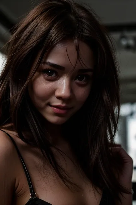 beautiful korean with blonde hair using black tank top , detail face, she have a very bright eyes, realistic face, detail face, realistic skin, skin pore, vibrant, dramatic lighting, 8k resolution picture, high detail on the photo, very realistic picture, dramatic lighting, fullbody, depth, shadow, dramatic shadow, one of a kind photo, sharp photo, sharpness on the detail, looking at the camera, half body view, (((Best Quality, masutepiece: 1.3)), long hair, ultra high res. photorealistic:.1.4, garage background, cinematic lighting, bloom, film grain, Fujicolor, high quality, masterpiece, 8K, UHD, UHD, retina, textured skin, super detail, high details, highres, 16k resolution, award winning, high quality, high details, super detail, messy bun hair, 45 years old