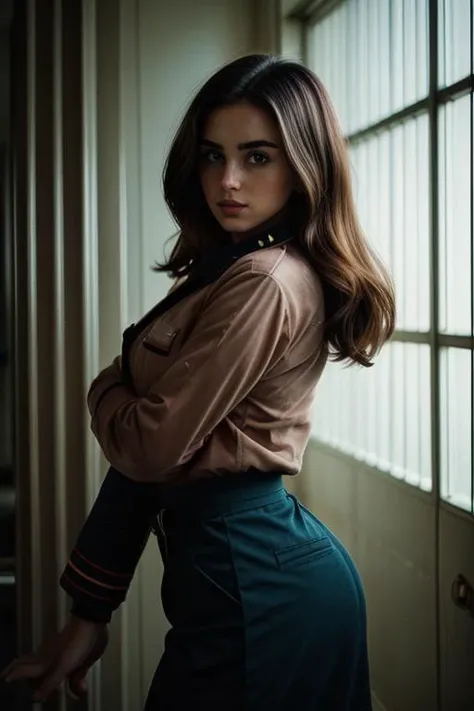 Ell4JoTI,(stewardess uniform,prison, prison cell:1.2),victory pose,style by Dan Winters,RAW photography,film grain,photo taken with a Bolex H16,RAW,color graded portra 400 film,remarkable color,realistic dull skin noise,analog style,highest quality,skin pores,sharp focus,dappled lighting,film grain,photographed on a Sony A7R IV,18mm F/1.7 cine lens