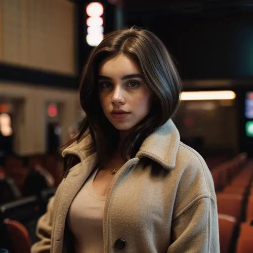 Ell4JoTI,(house coat,movie theater, screen:1.2),hand on neck,style by Dan Winters,RAW photography,film grain,photo taken with a Bolex H16,RAW,color graded portra 400 film,remarkable color,realistic dull skin noise,analog style,highest quality,skin pores,sharp focus,dappled lighting,film grain,photographed on a Sony A7R IV,18mm F/1.7 cine lens