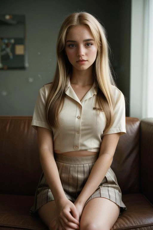 D1vaLove,blonde,(waitress uniform,leather couch:1.2),waving both arms,style by Dan Winters,RAW photography,film grain,photo taken with a Bolex H16,RAW,color graded portra 400 film,remarkable color,realistic dull skin noise,analog style,highest quality,skin pores,sharp focus,dappled lighting,film grain,photographed on a Sony A7R IV,18mm F/1.7 cine lens