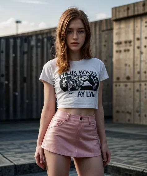 Modern Day photo of  20 year old  jp-Yaroslava-850 ,Shag haircut, pastel eye makeup, Graphic tee and leather mini skirt, Skate park, DSLR, 28mm f/2.8, 1/3200s, ISO 400  , thin, petite,  fit, gorgeous, small breasts