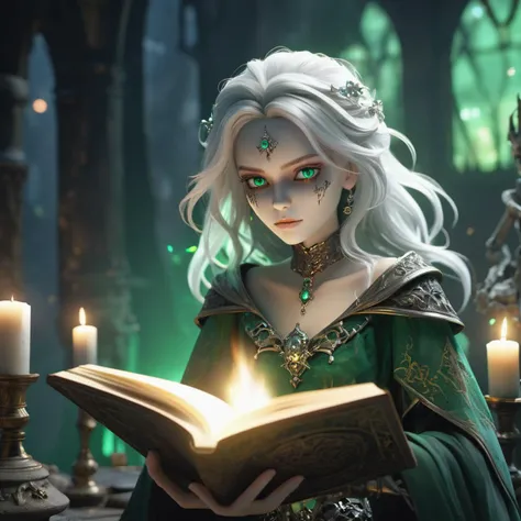Prompt: (Wizard:1.2), (Dark Environment:1.2), (Terrifying Atmosphere:1.2), (Mysterious:1.2), (Dark Green Soulfire:1.5), (White Bone1.2), (Skeleton on Clothes:1.2), (Detailed Skull:1.2), (Detailed Magic Array1.3), (Floating Magic Book:1.3), (Dark Magic:1.25), (Faint Glow Particle1.2), (Ray Tracing:1.2), (Light Reflection:1.2), Illustration, Beautiful CG, Masterpiece, 8K, Depth of Field, Background Blur, Detailed Depiction, (Dynamic composition:1.2), (1 girl:1.2), sexy body, (beautiful detailed face:1.2), (beautiful detailed eyes1.2), green eyes, white hair, messy hair,(necromancer:1.3),(The Scourge of the undead:1.25),(Ray Tracing:1.2), (Light Reflection:1.2), Illustration, Beautiful CG, Masterpiece, 8K, Depth of Field, Background Blur, Detailed Depiction, (Dynamic composition:1.2), (1 girl:1.2), (beautiful detailed face:1.2), (beautiful detailed eyes1.2)