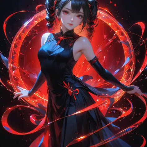 (masterpiece, best quality, ultra-detailed, best shadow), (detailed background,dark fantasy), (beautiful detailed face), high contrast, (best illumination, an extremely delicate and beautiful), ((cinematic light)), colorful, hyper detail, dramatic light, intricate details, (1 girl, solo,black hair, sharp face,low twintails,red eyes, hair between eyes,dynamic angle), blood splatter, swirling black light around the character, depth of field,black light particles,(broken glass),magic circle,