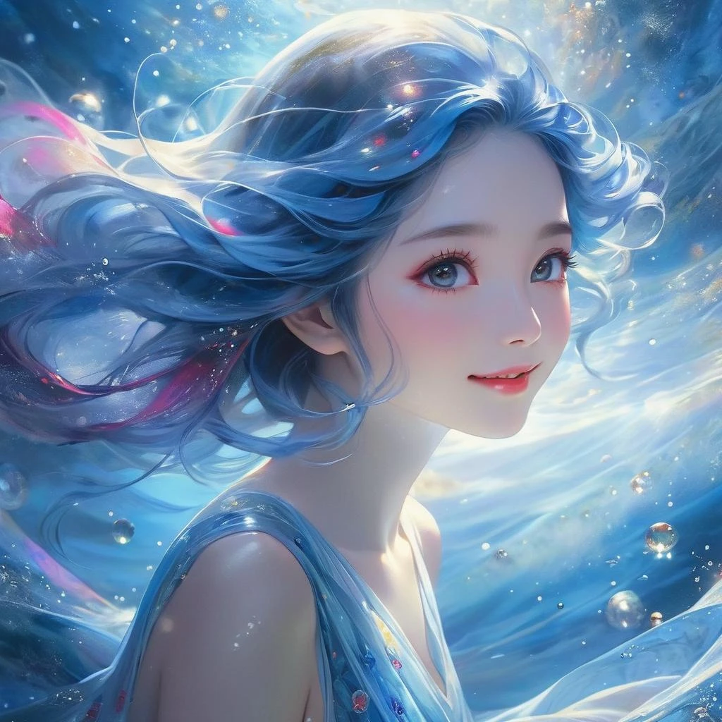 masterpiece,best quality,ultra-detailed,Ink wash painting,hyperdetailed painting,(nebula background:1.3),dynamic pose,1girl swimming in deep water,(see-through colorful cloth:1),(portrait:1.1),smile,pretty face,traditional chinese art style,(beautiful detailed water),((extremely delicate and beautiful girls)),dynamic angle,(beautiful detailed eyes),(detailed light),glowing eyes,pointy ears,blue hair,ruby right eye,enchanting eyes,ruby left eye,(sunlight),(detailed glow),(fractal art:1.1),( chiaroscuro,Fujicolor, UHD, super detail ,raw,85mm,f/1.2,FujifilmXT4,),pure white theme,chiffon,tullece,